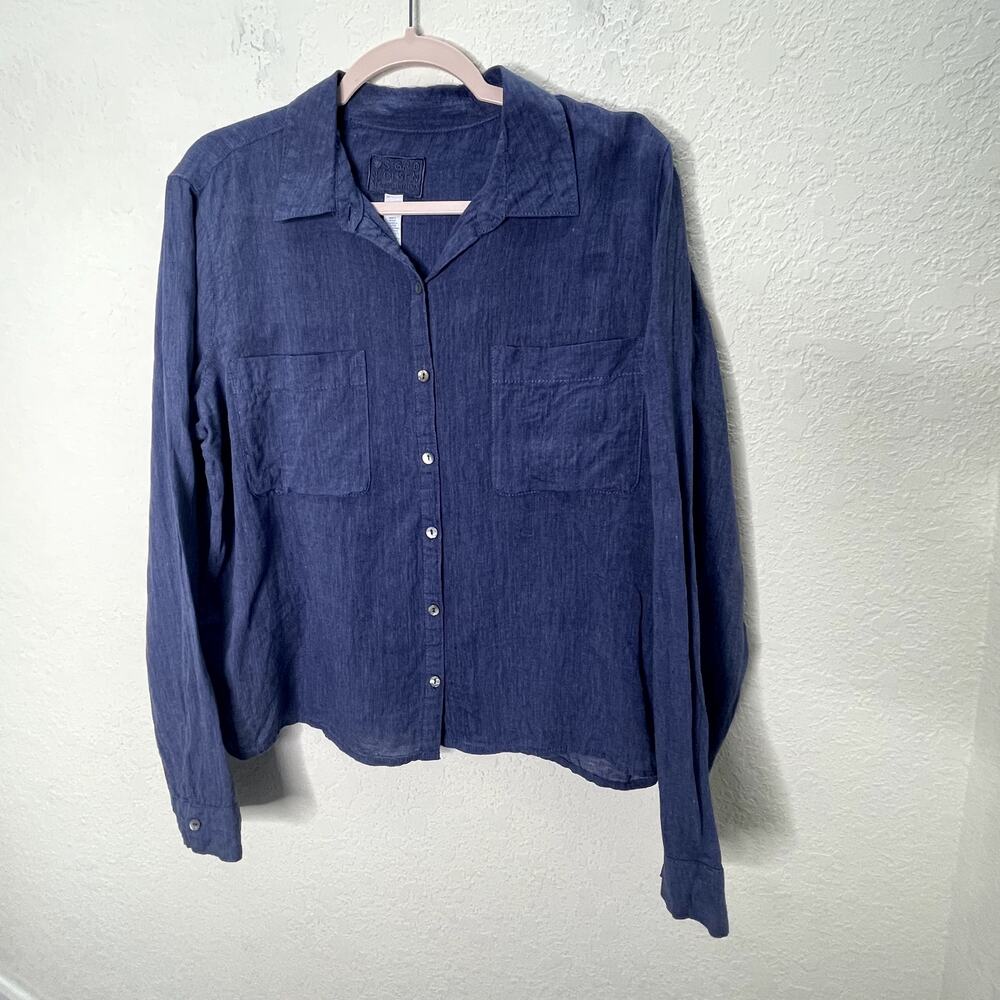 Sigrid Olsen Shirt Womens L 100% Linen Blue Button Down Coastal Lagenlook